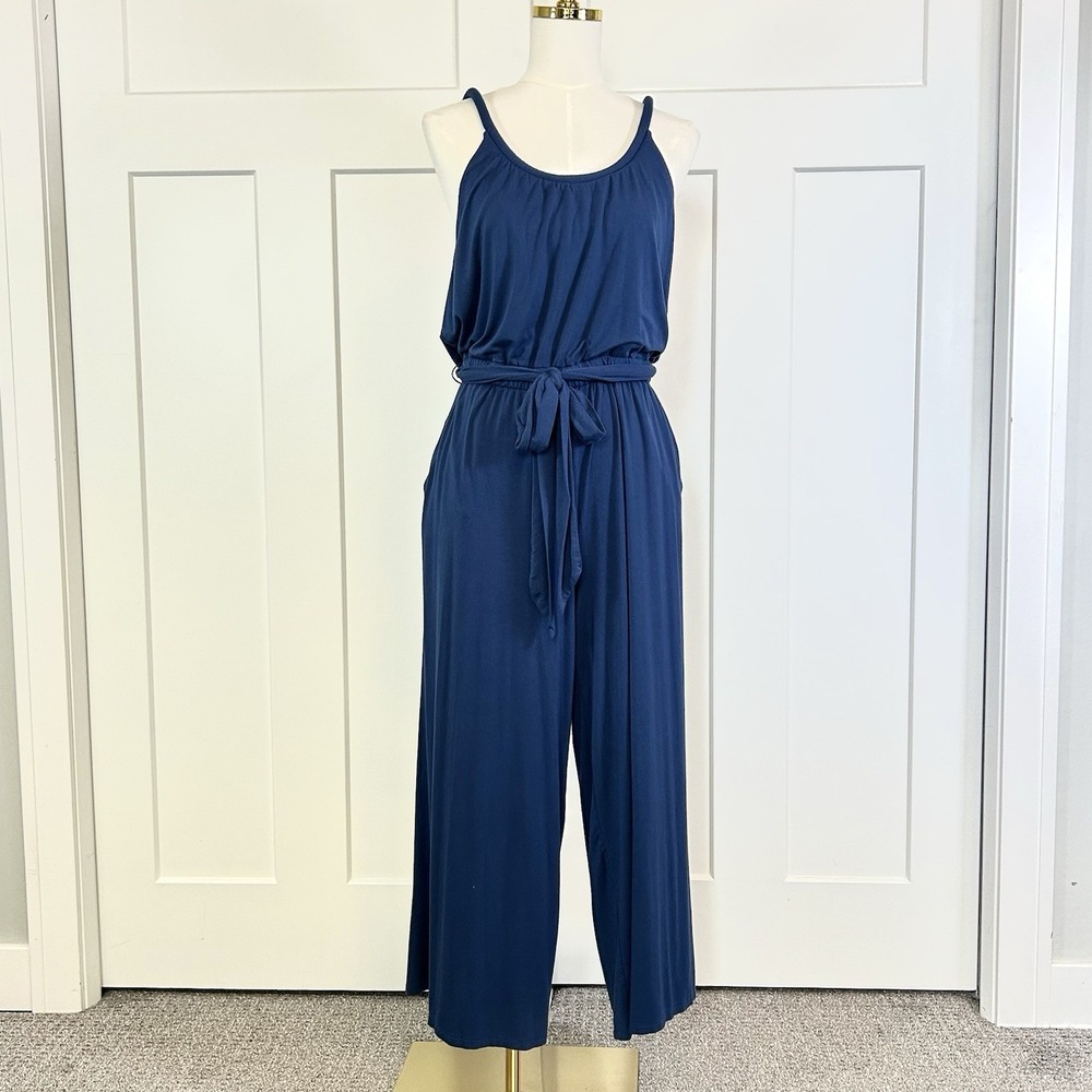 LOFT Blue Wide Leg Jumpsuit Women's LARGE Elastic Waist Pockets Strappy Back - Picture 2 of 11